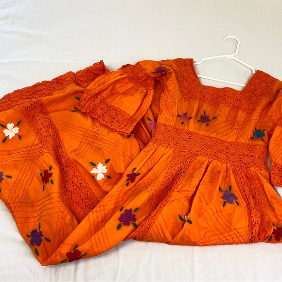 Vintage Boho Embroidered Floral Orange Maxi Dress Bell Sleeves Small - Picture 8 of 16